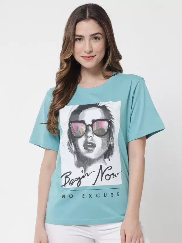 Over Size T Shirt Women Graphic Print Round Neck Light Blue T-Shirt